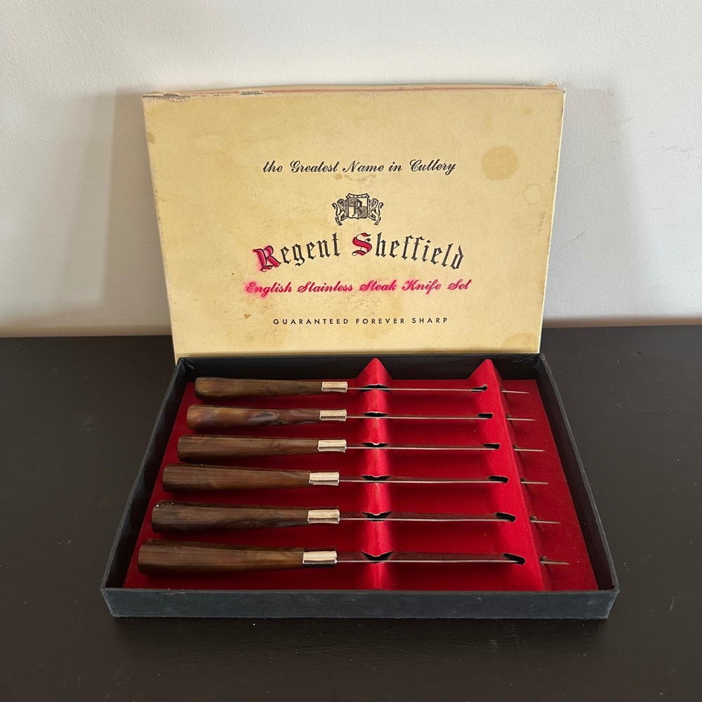 VTG Regent Sheffield English Stainless Steak Knife Set 6pc Marbled Brown MCM